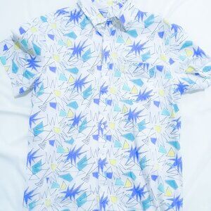 Retro Geometric Pattern Casual Shirt Blue Yellow Black Large